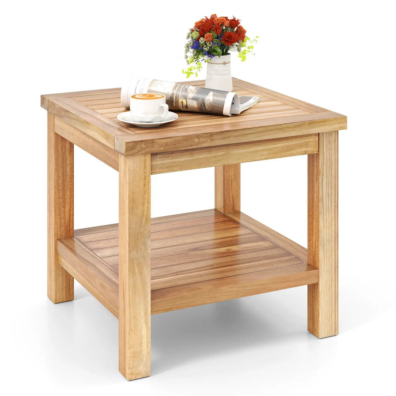 Teak Wood Square Side Table with Open Shelf for Small Space by DirectDeals