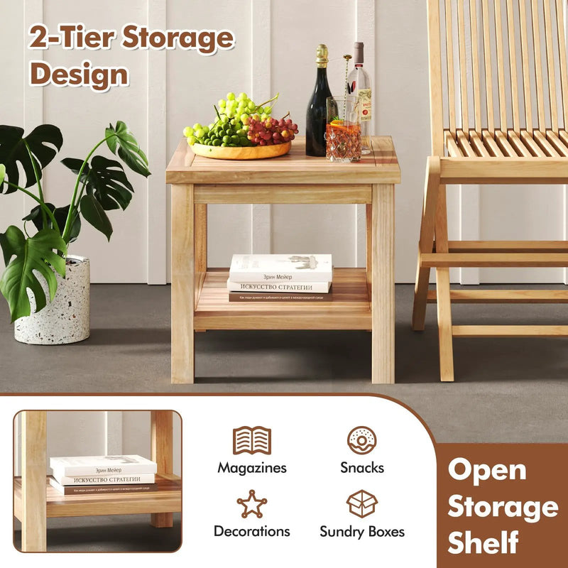 Teak Wood Square Side Table with Open Shelf for Small Space by DirectDeals