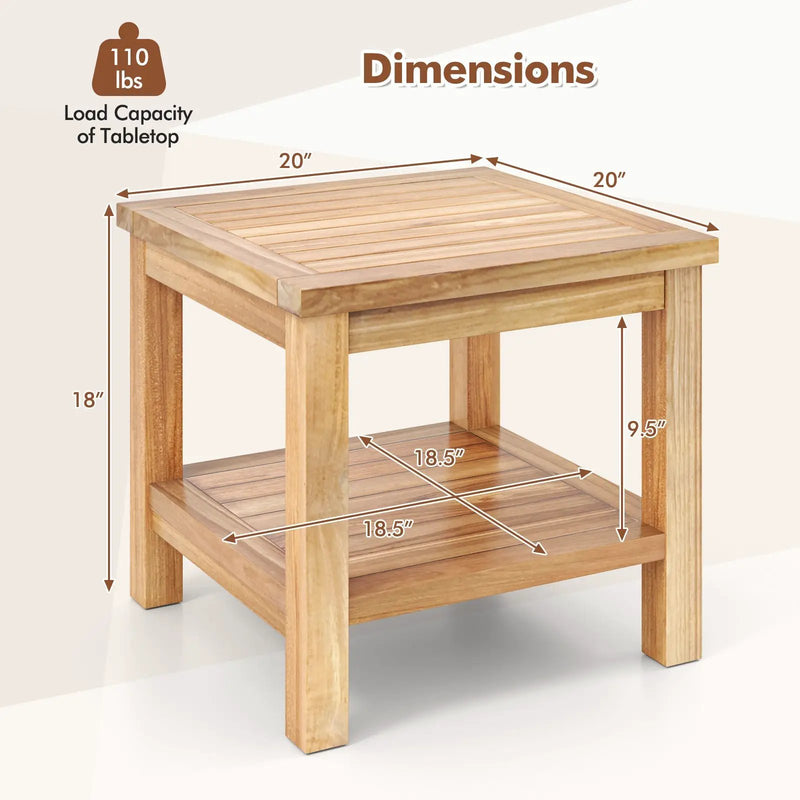 Teak Wood Square Side Table with Open Shelf for Small Space by DirectDeals