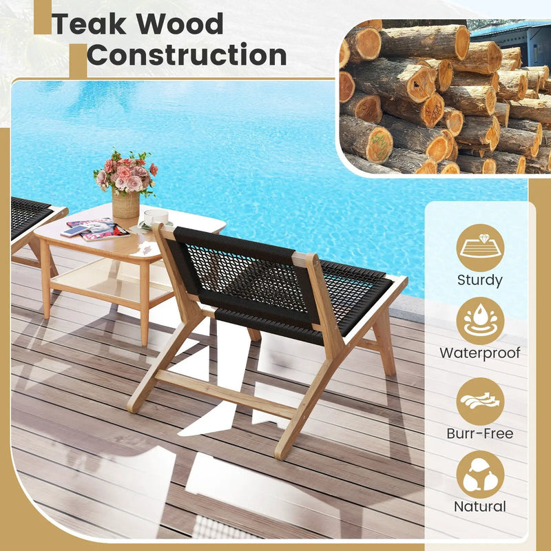 Indoor Outdoor Teak Wooden Chair with Handwoven Cordage Seat and Backrest by DirectDeals