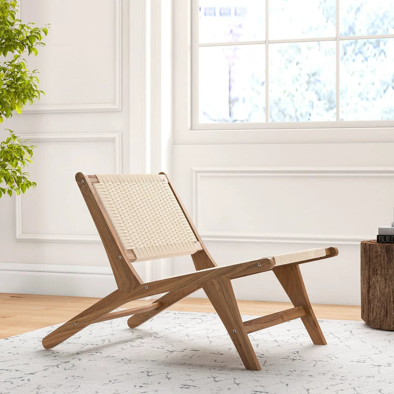 Teak Wooden Chair with Braided Rope Seat and Backrest for Backyard by DirectDeals