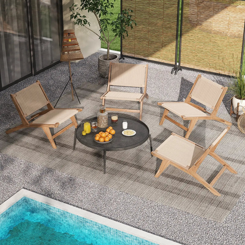 Teak Wooden Chair with Braided Rope Seat and Backrest for Backyard by DirectDeals