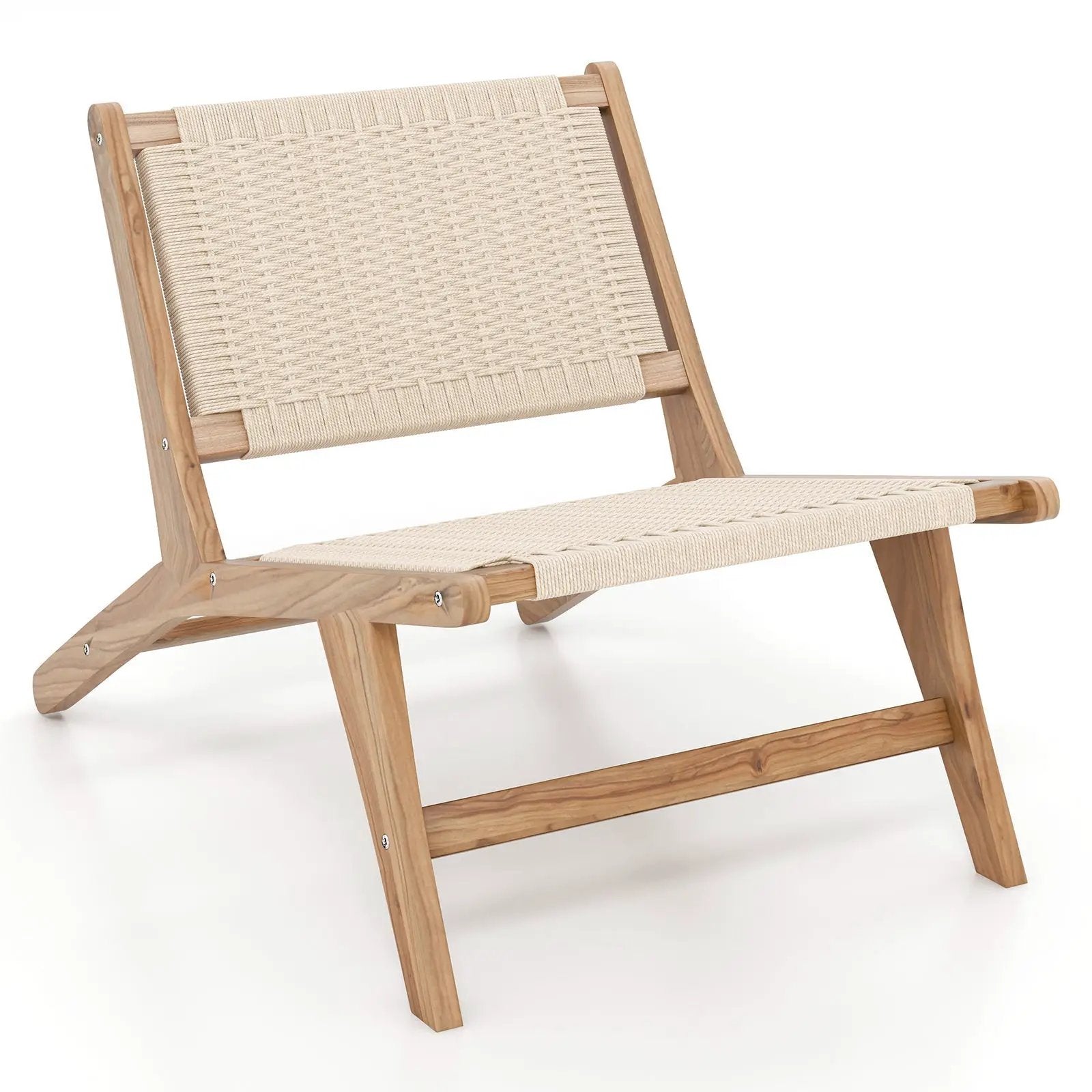 Teak Wooden Chair with Braided Rope Seat and Backrest for Backyard by DirectDeals