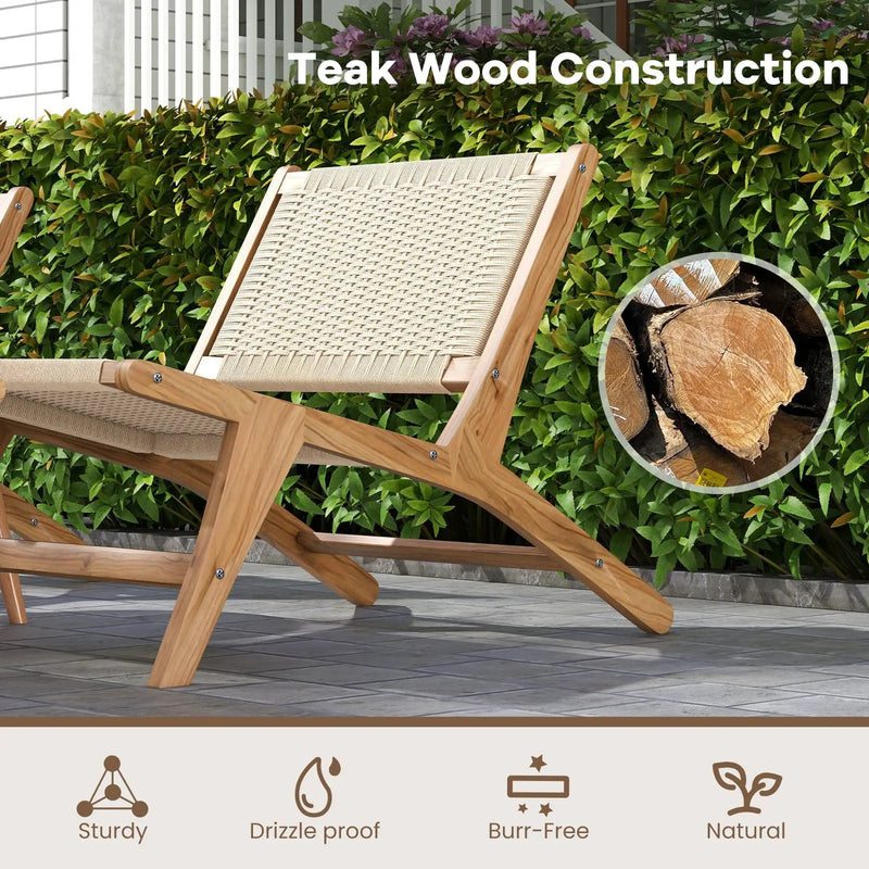 Teak Wooden Chair with Braided Rope Seat and Backrest for Backyard by DirectDeals
