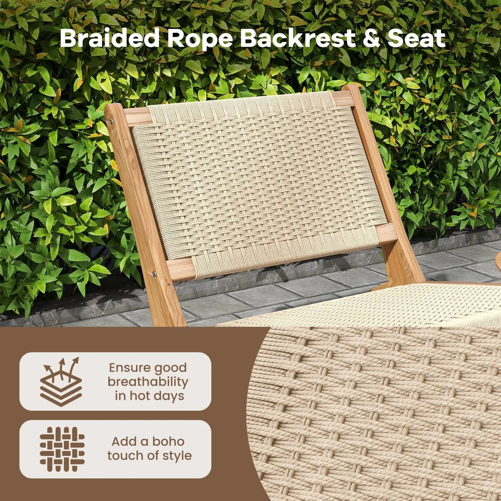 Teak Wooden Chair with Braided Rope Seat and Backrest for Backyard by DirectDeals