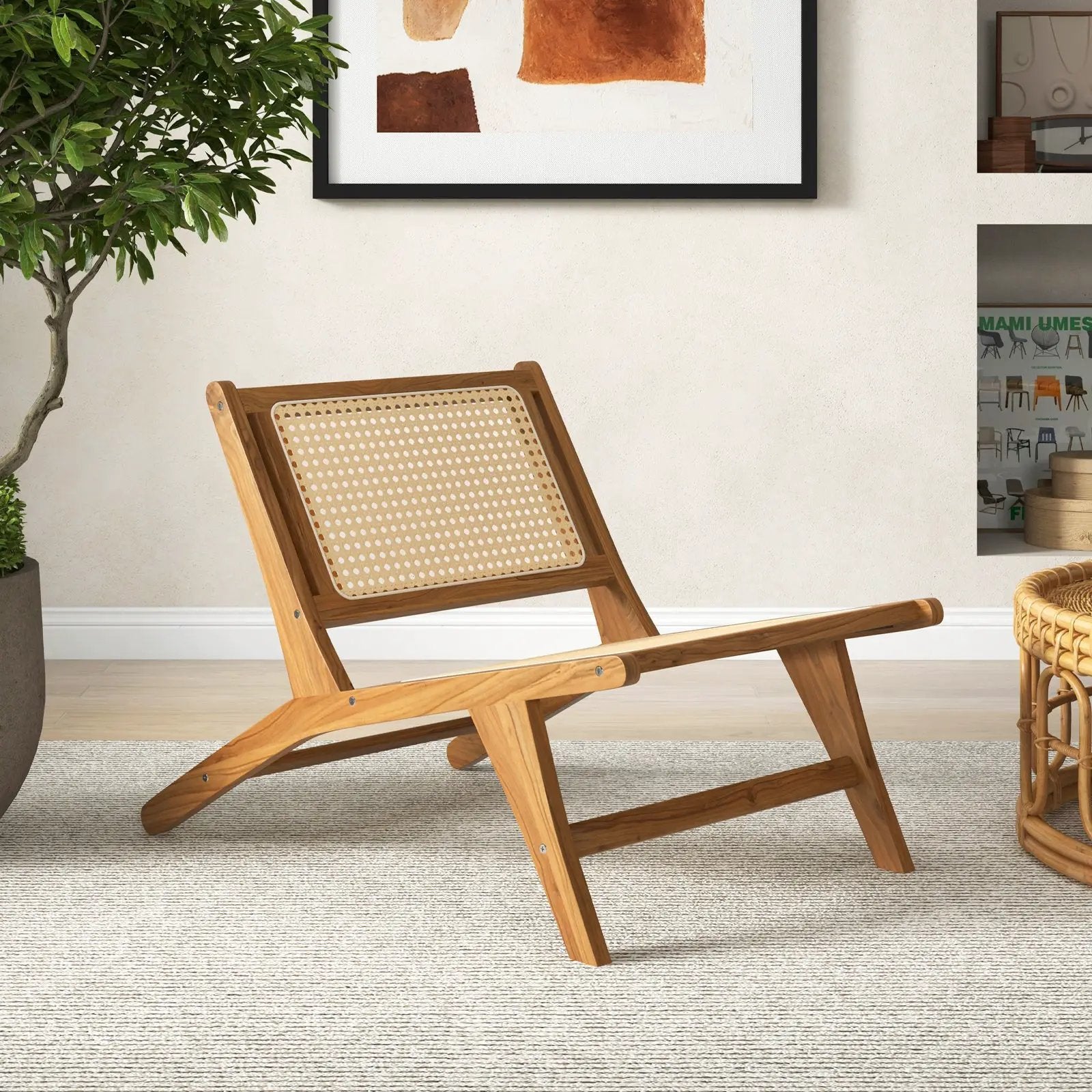 Teak Wooden Chair with Handwoven Rattan Seat and Backrest by DirectDeals