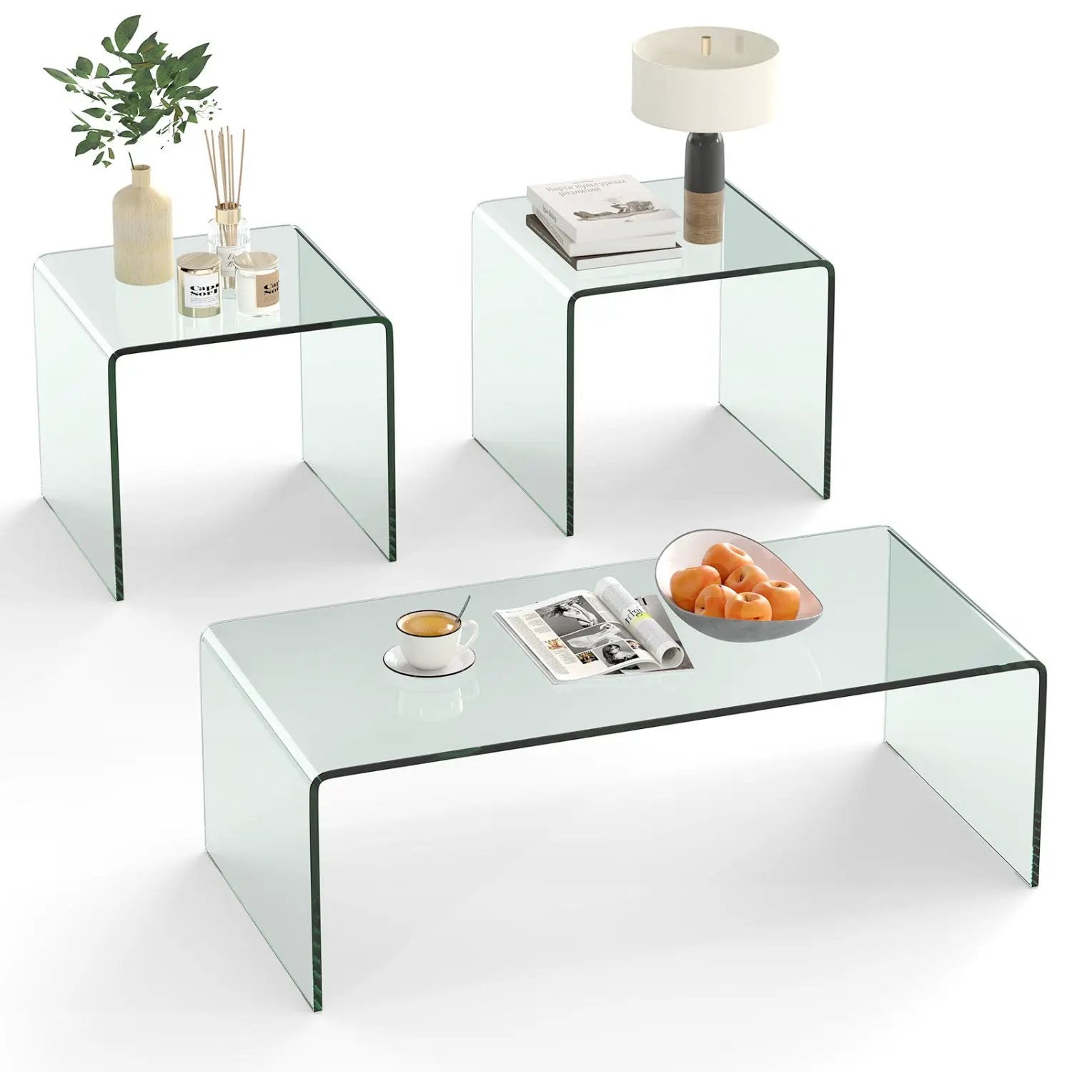 Tempered Glass Coffee Table Set of 3 with 1 Clear Coffee Table and 2 End Tables by DirectDeals