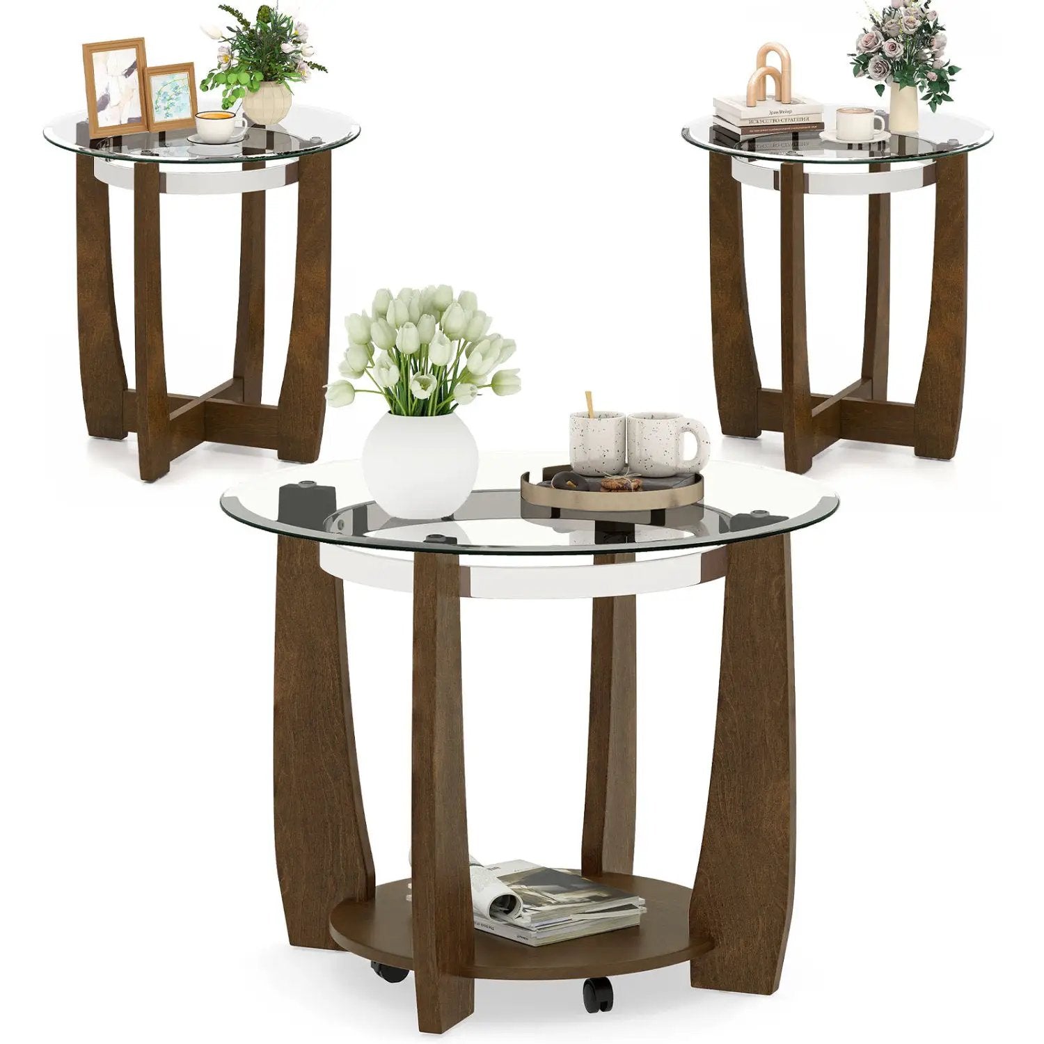 Tempered Glass Coffee Table Set of 3 for Living Room Bedroom by DirectDeals