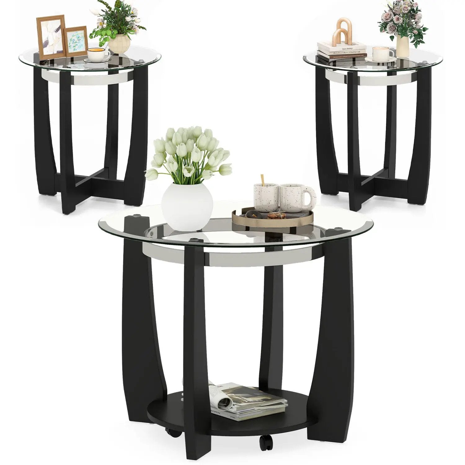 Tempered Glass Coffee Table Set of 3 for Living Room Bedroom by DirectDeals