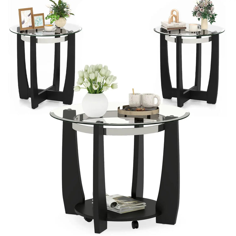 Tempered Glass Coffee Table Set of 3 for Living Room Bedroom by DirectDeals