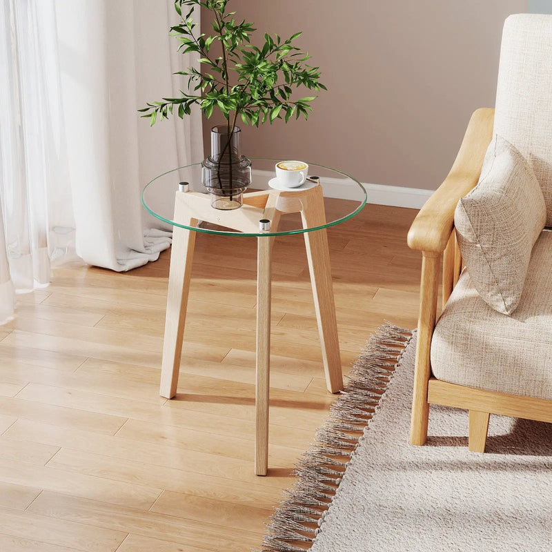 Tempered Glass End Table Round with Solid Rubber Wood Structure by DirectDeals