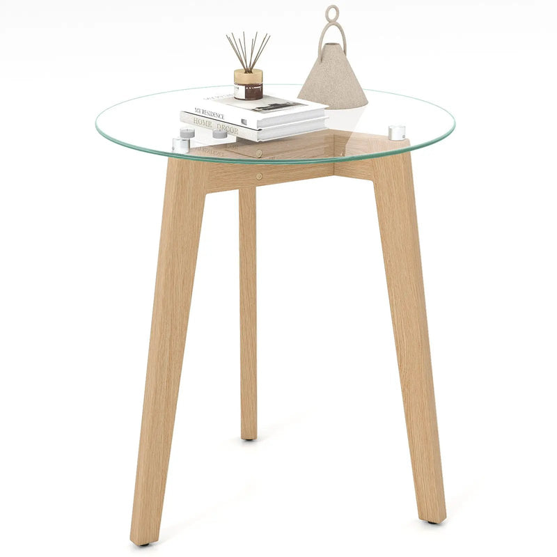 Tempered Glass End Table Round with Solid Rubber Wood Structure by DirectDeals