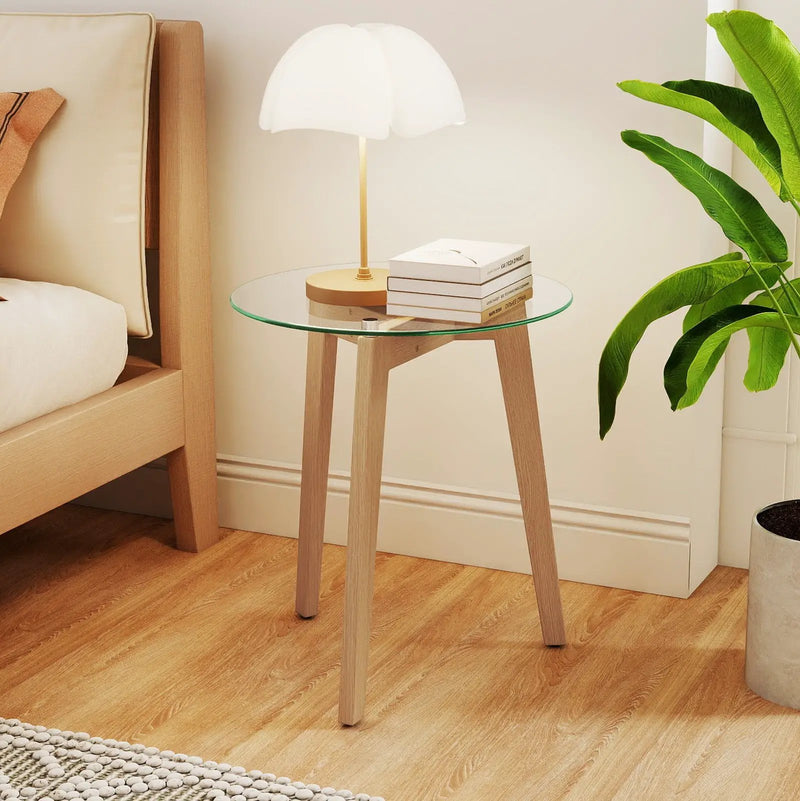 Tempered Glass End Table Round with Solid Rubber Wood Structure by DirectDeals