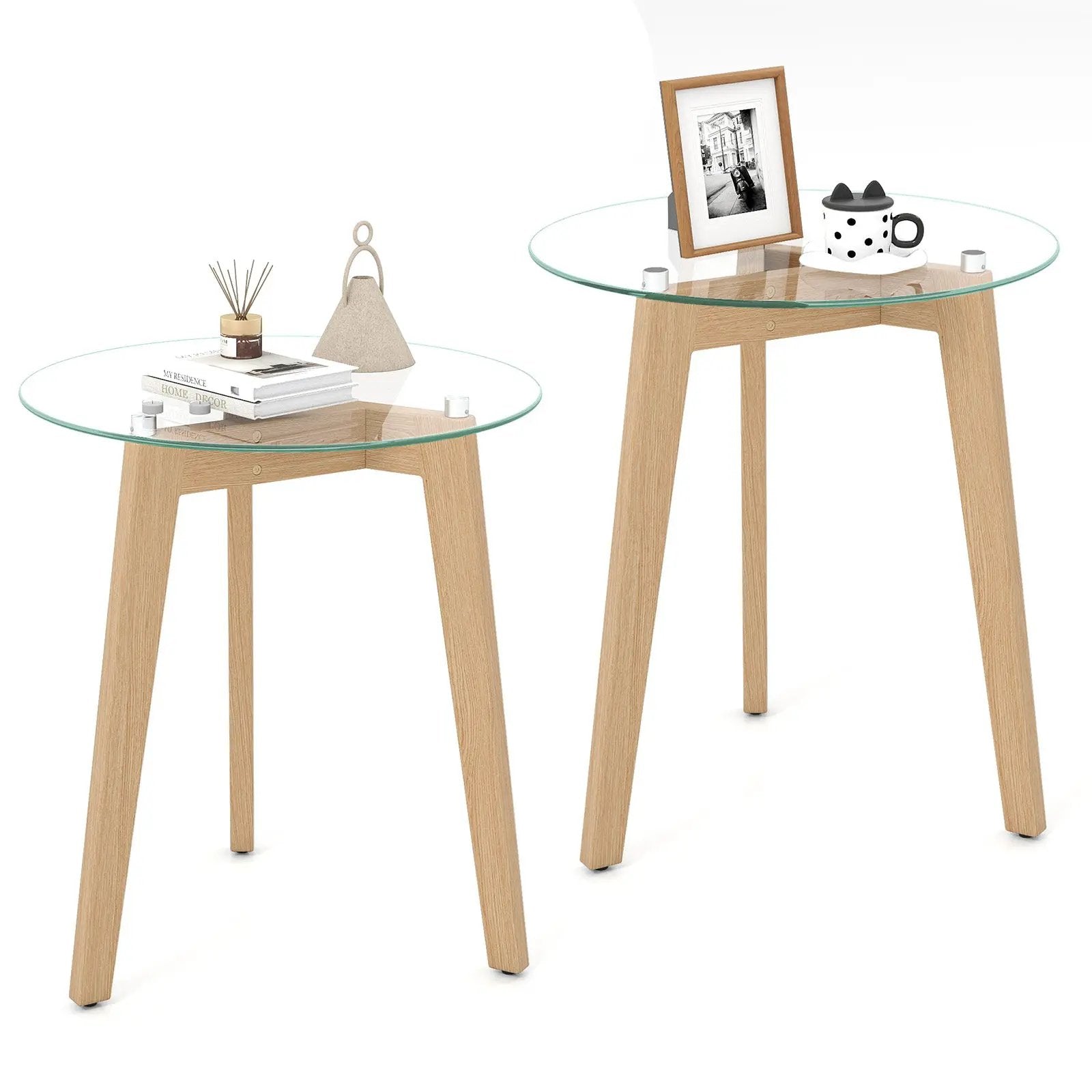 Tempered Glass End Table Round with Solid Rubber Wood Structure by DirectDeals