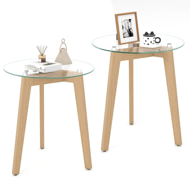 Tempered Glass End Table Round with Solid Rubber Wood Structure by DirectDeals