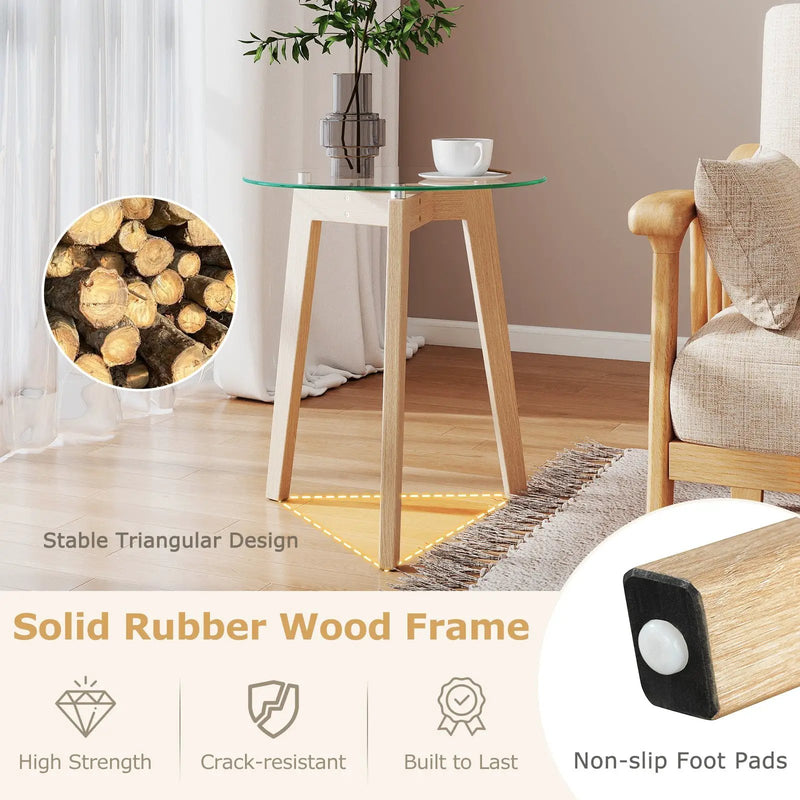 Tempered Glass End Table Round with Solid Rubber Wood Structure by DirectDeals