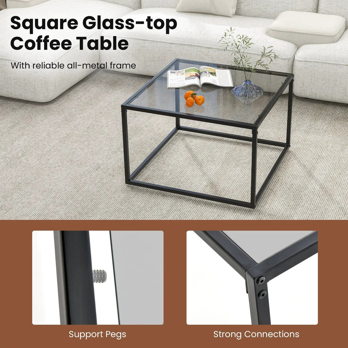 27.5 Inch Home Square Tea Table with Heavy-duty Metal Frame by DirectDeals