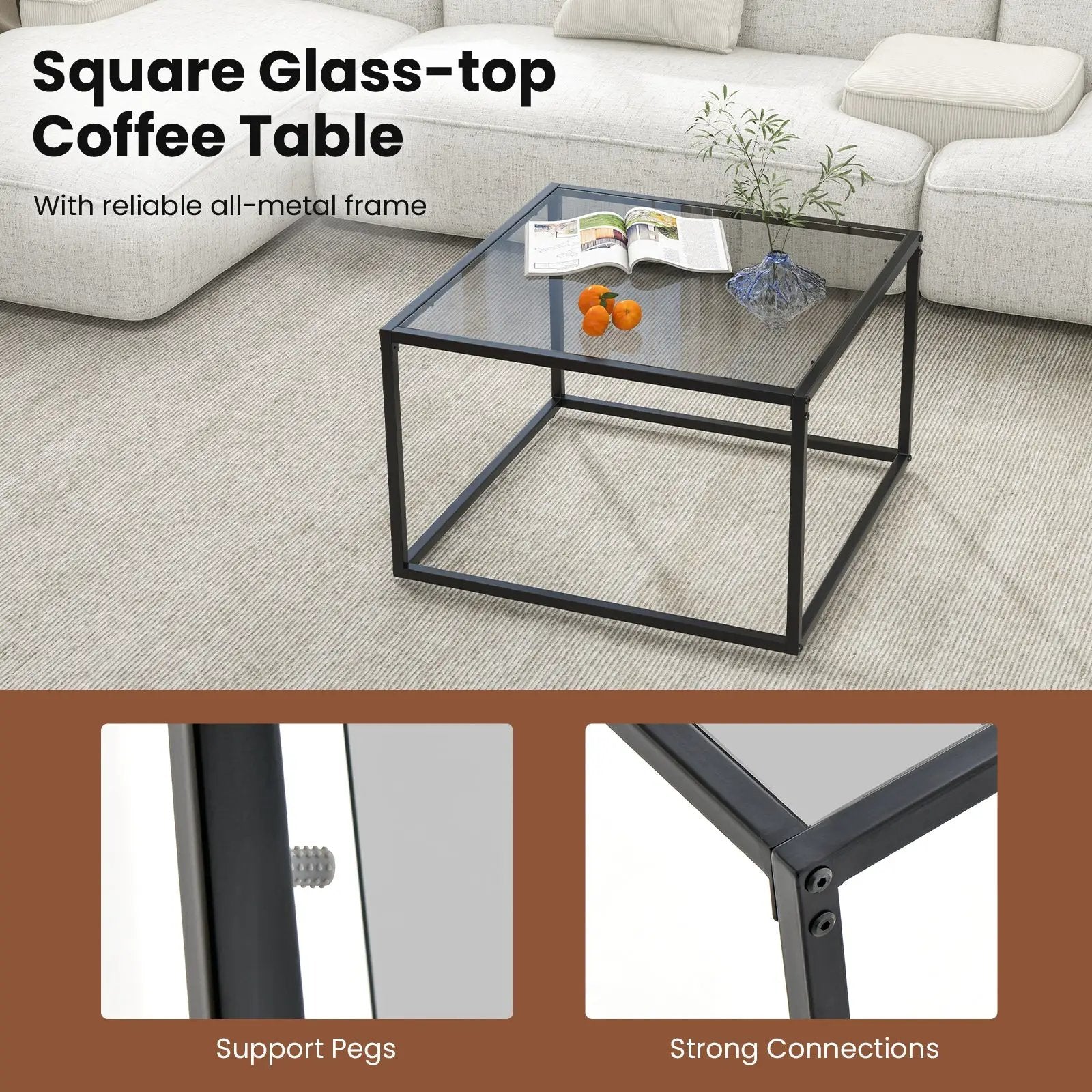 27.5 Inch Home Square Tea Table with Heavy-duty Metal Frame by DirectDeals