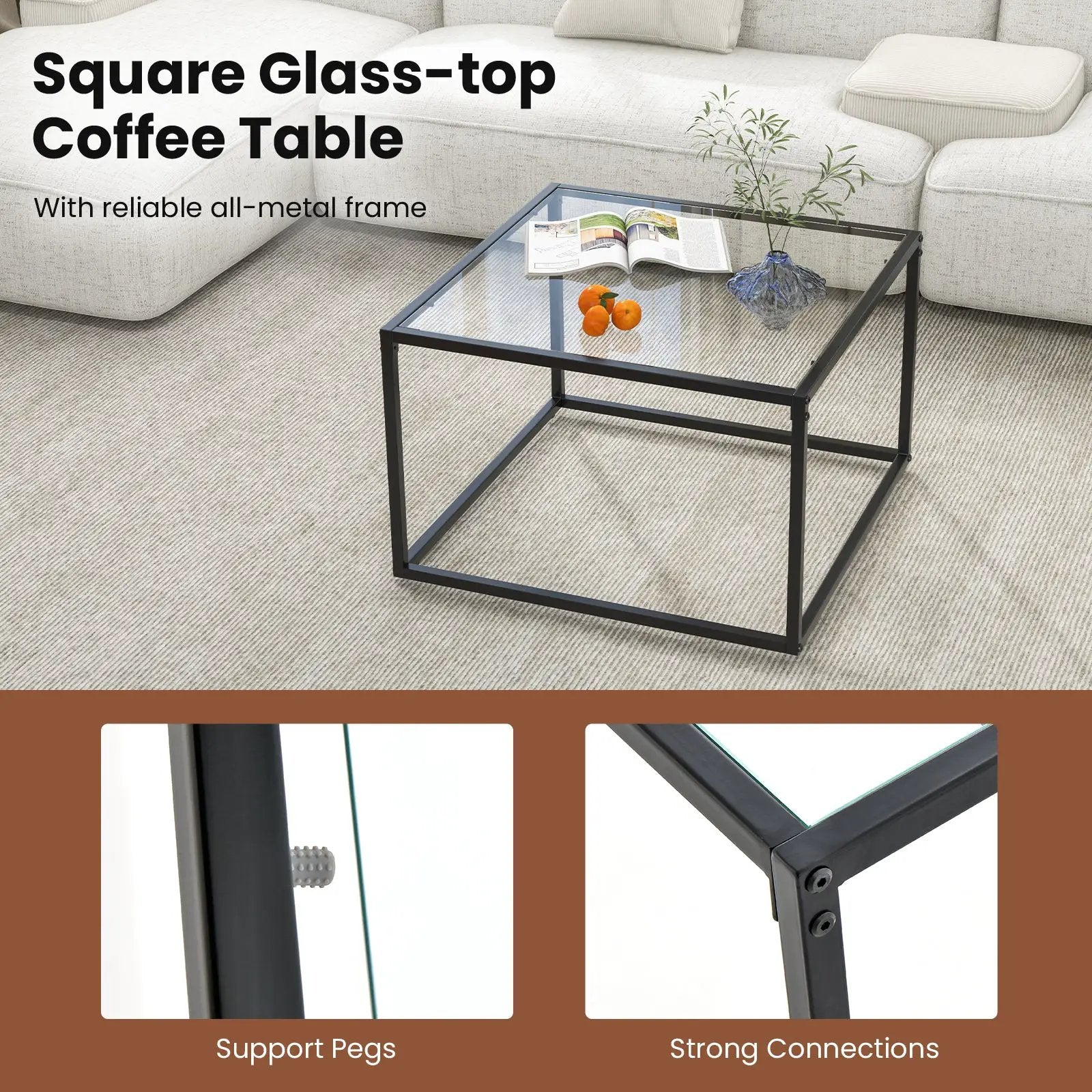 27.5 Inch Home Square Tea Table with Heavy-duty Metal Frame by DirectDeals