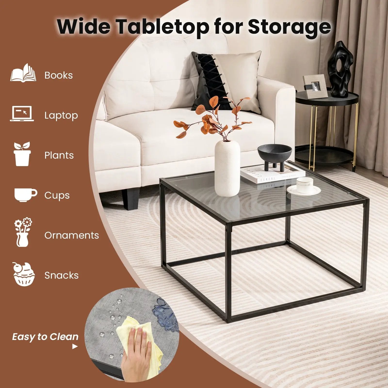 27.5 Inch Home Square Tea Table with Heavy-duty Metal Frame by DirectDeals