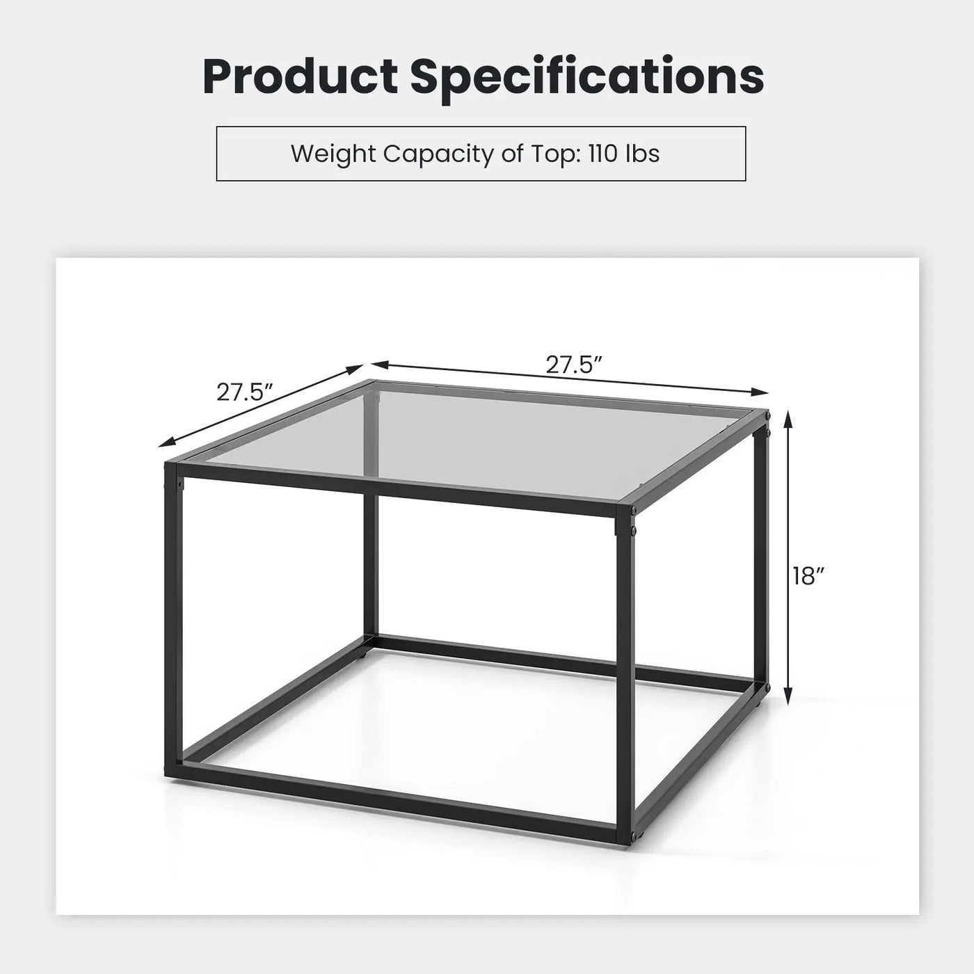 27.5 Inch Home Square Tea Table with Heavy-duty Metal Frame by DirectDeals