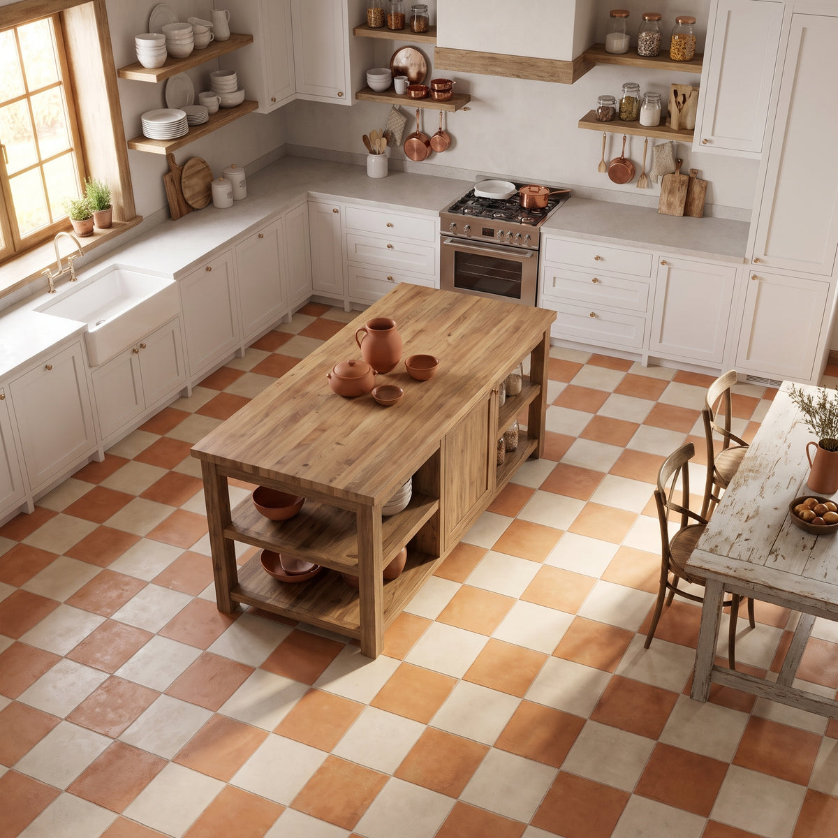 A rustic kitchen island made of natural wood with open shelves, set in a bright kitchen with white cabinets and a terracotta checkered tile floor.