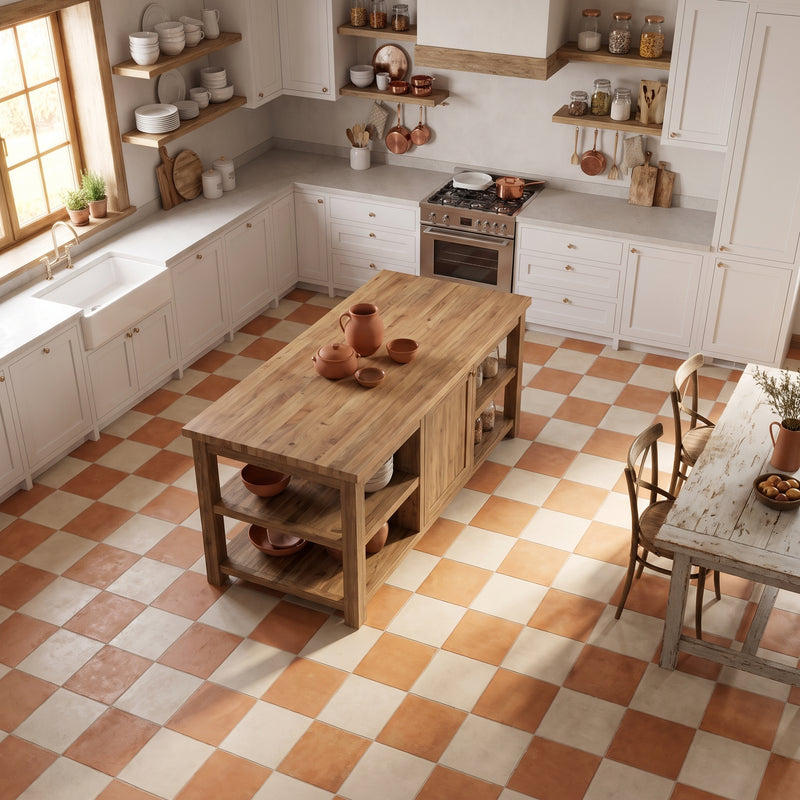 A rustic kitchen island made of natural wood with open shelves, set in a bright kitchen with white cabinets and a terracotta checkered tile floor.