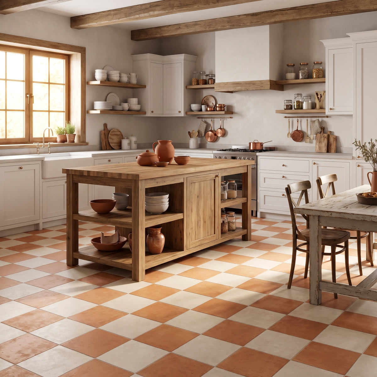 A rustic kitchen interior with a large wooden island in the center, terracotta and cream checkered tile flooring, white cabinets, exposed wood beams, and pottery displayed on shelves and countertops.