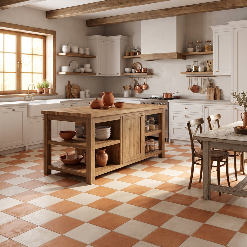 A rustic kitchen interior with a large wooden island in the center, terracotta and cream checkered tile flooring, white cabinets, exposed wood beams, and pottery displayed on shelves and countertops.