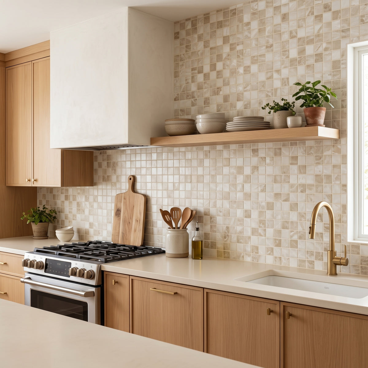 A modern kitchen interior with light wood cabinets, a beige mosaic tile backsplash, a floating wooden shelf with bowls and potted plants, a gas stove, and a gold faucet.