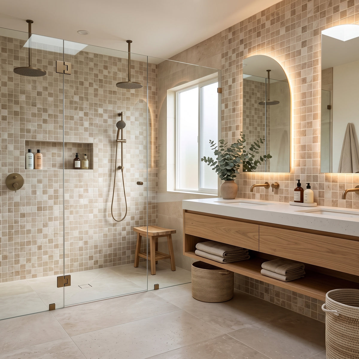 A modern bathroom interior with a glass shower enclosure, beige mosaic tile walls and floor, a double-sink vanity with wood cabinetry, and warm under-mirror lighting.