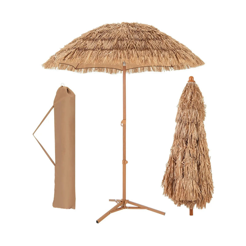 6.5 Feet Thatched Tiki Umbrella with Foldable Stand Push Button Tilt-Natural by DirectDeals