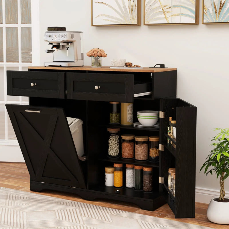 Large Buffet Cabinet Hidden Tilt Out Trash Can Cabinet with 2 Glass Doors by DirectDeals
