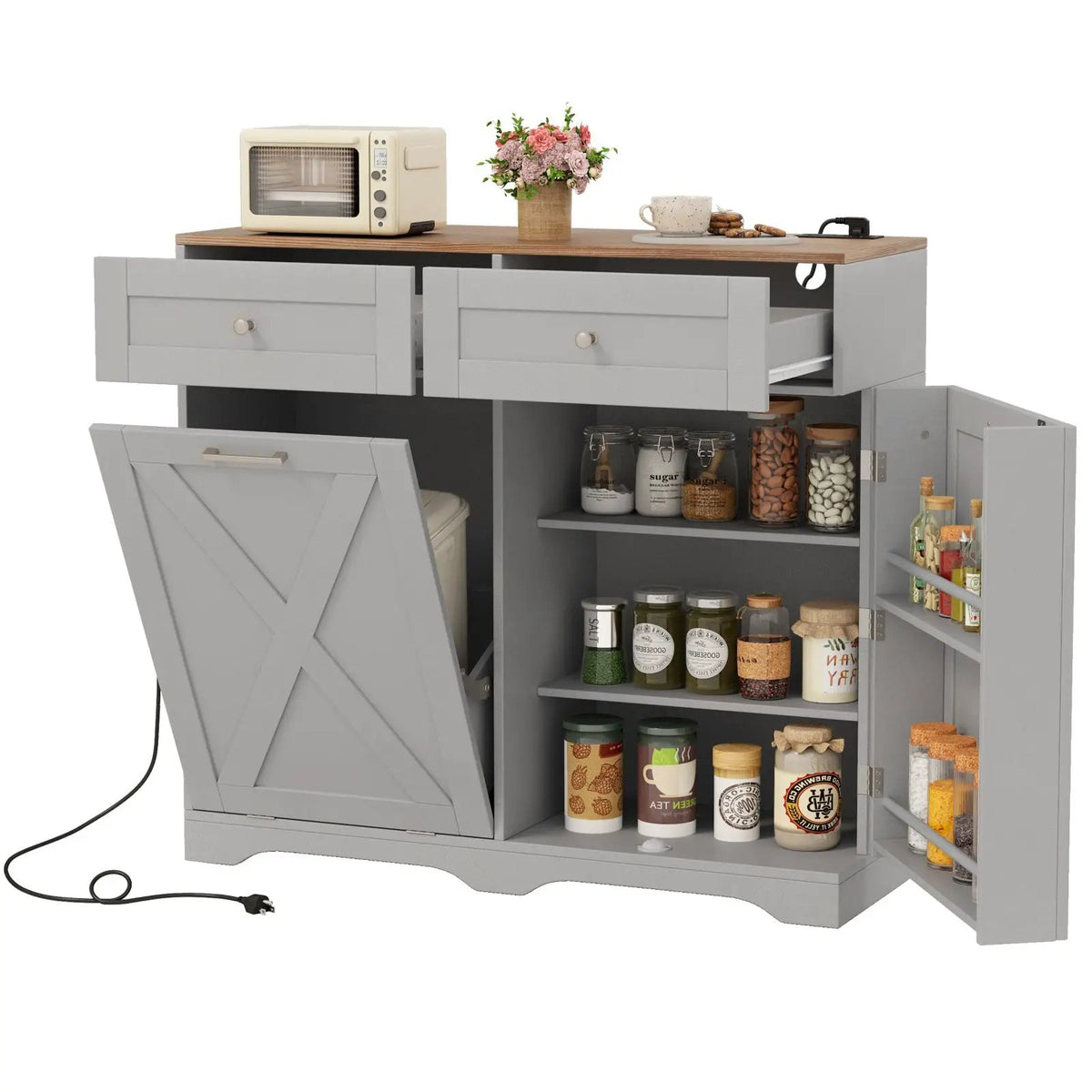 Tilt Out Trash Can Cabinet with Outlets and Adjustable Shelf by DirectDeals