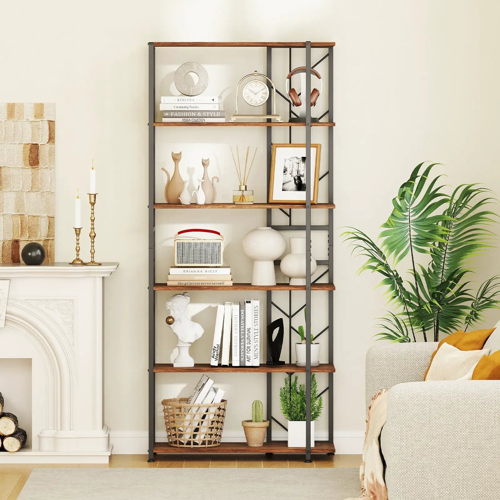 6-Tier Bookshelf Modern Geometric Bookcase with Heavy-duty Metal Frame and Anti-tipping Kits by DirectDeals