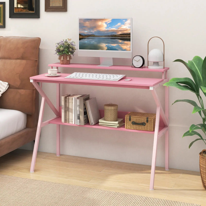 Space Saving Computer Desk with Monitor Stand and Extra Storage Shelf for Work Study by DirectDeals