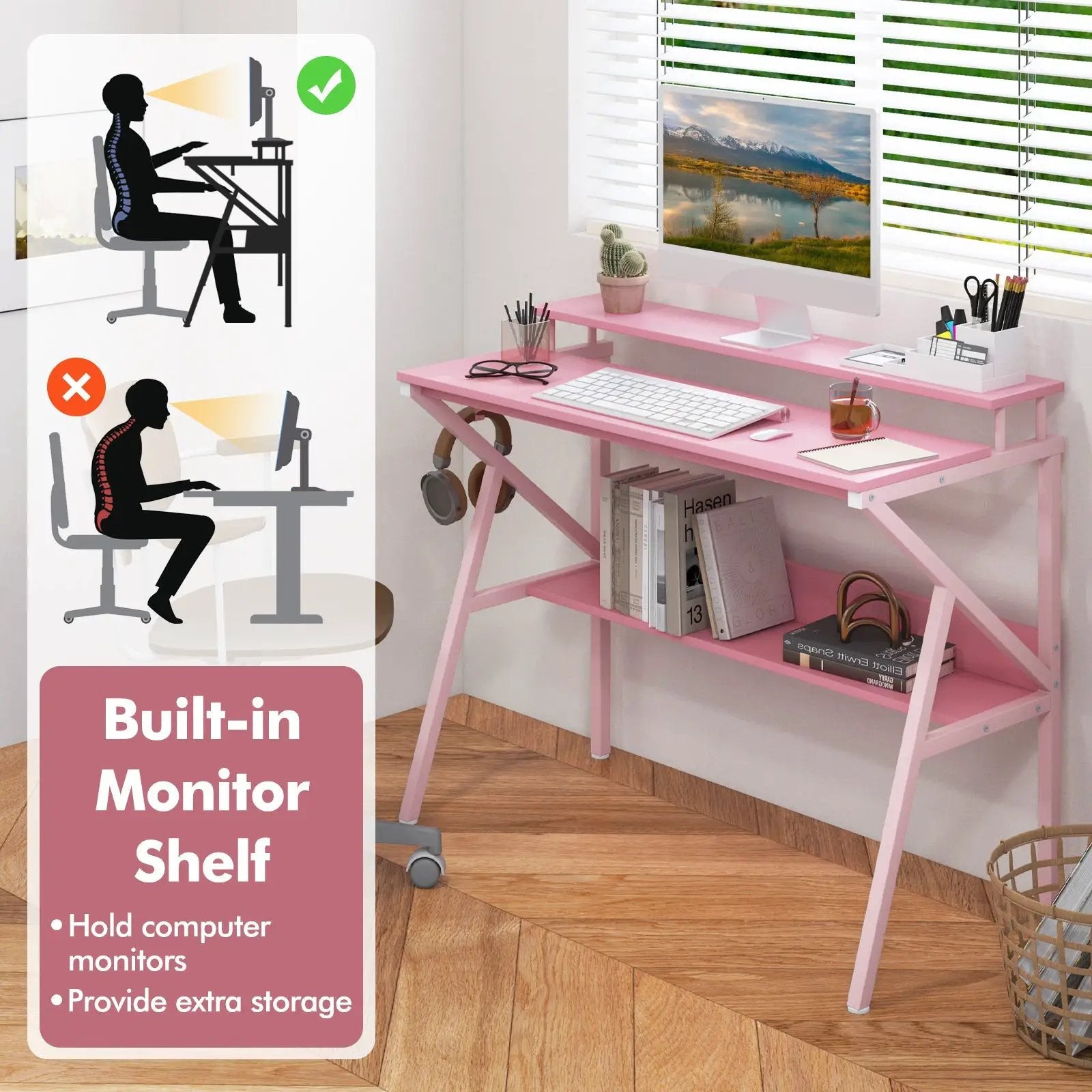 Space Saving Computer Desk with Monitor Stand and Extra Storage Shelf for Work Study by DirectDeals