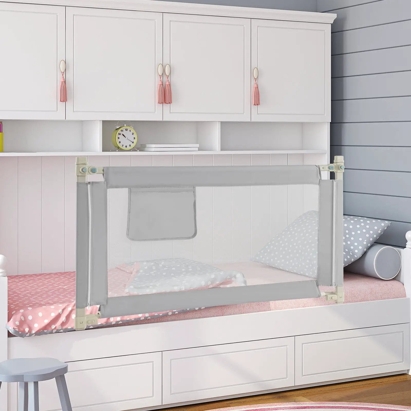 Toddler Bedrail with Side Pocket and 24 Adjustable Heights-Gray by DirectDeals