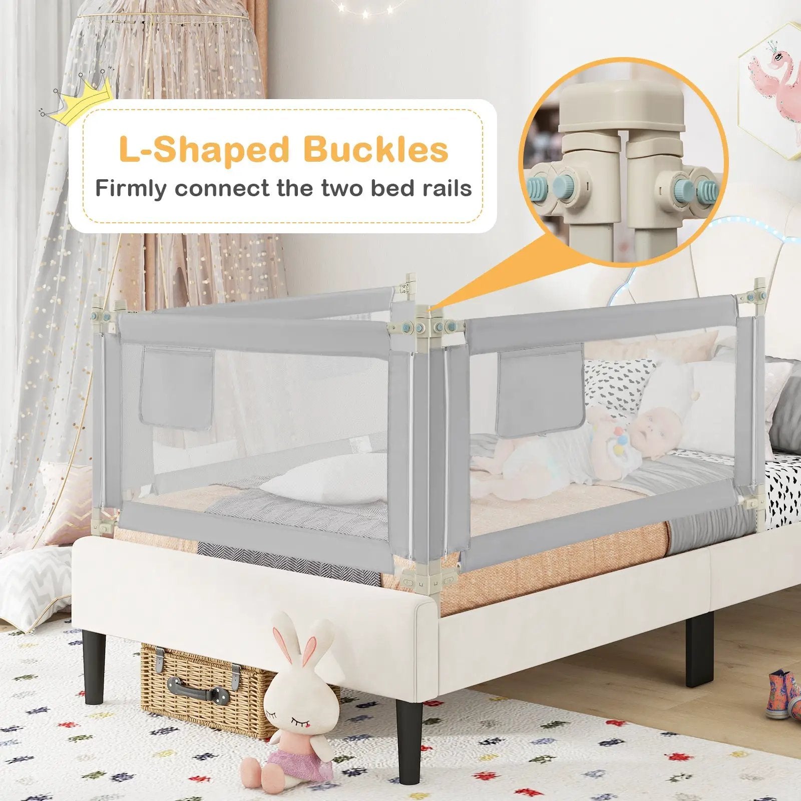 Toddler Bedrail with Side Pocket and 24 Adjustable Heights-Gray by DirectDeals