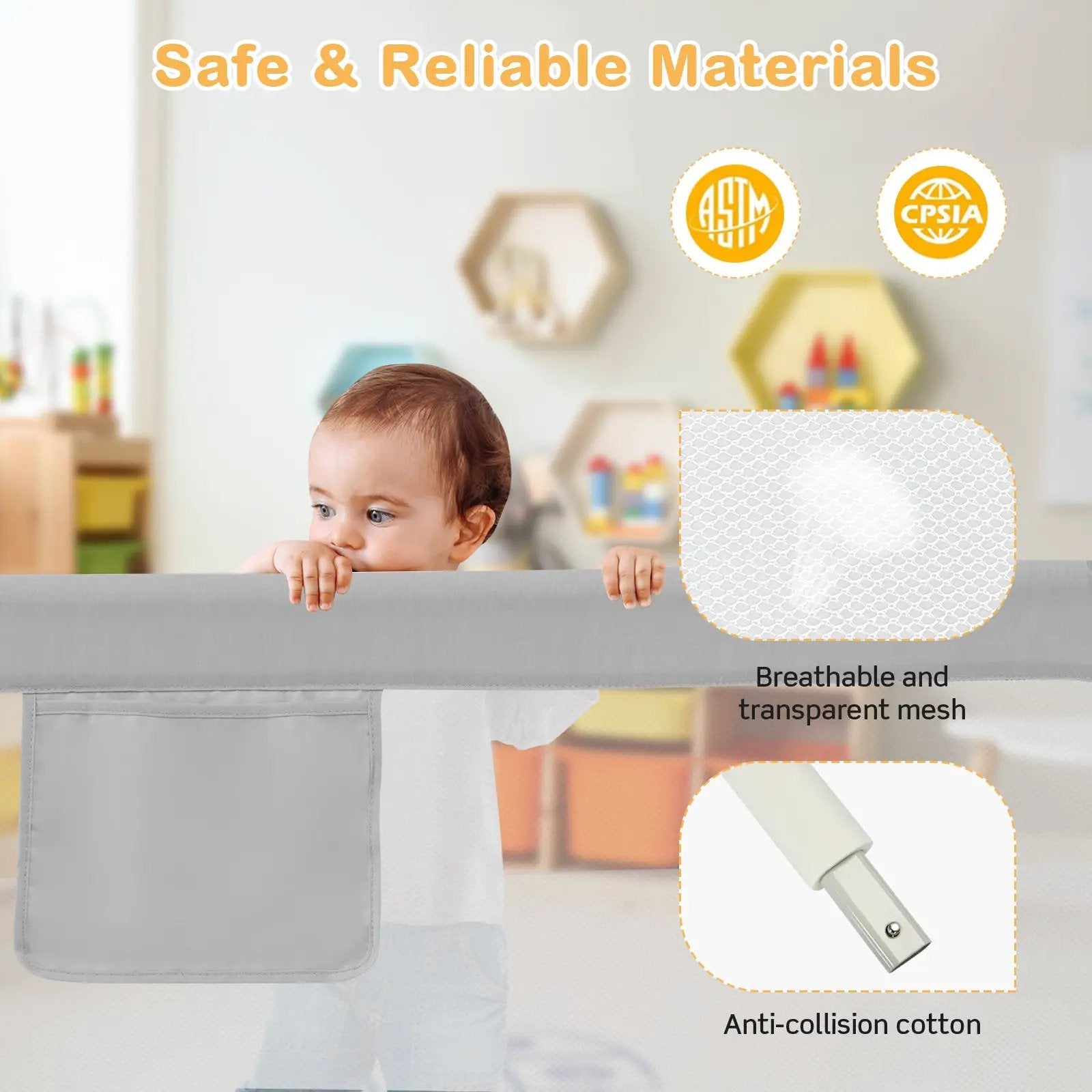 Toddler Bedrail with Side Pocket and 24 Adjustable Heights-Gray by DirectDeals