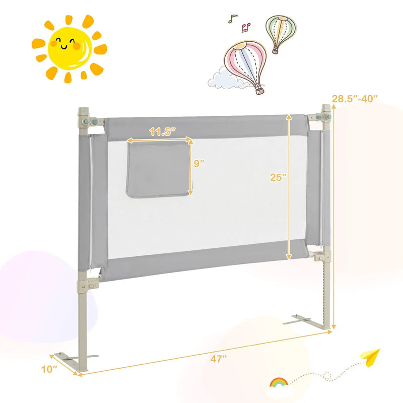 Toddler Bedrail with Side Pocket and 24 Adjustable Heights-Gray by DirectDeals