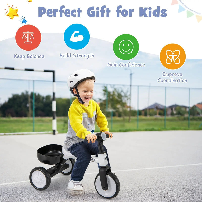 Toddler Convertible Trike with 86° Limited Steering Angle and Carbon Steel Frame-White by DirectDeals