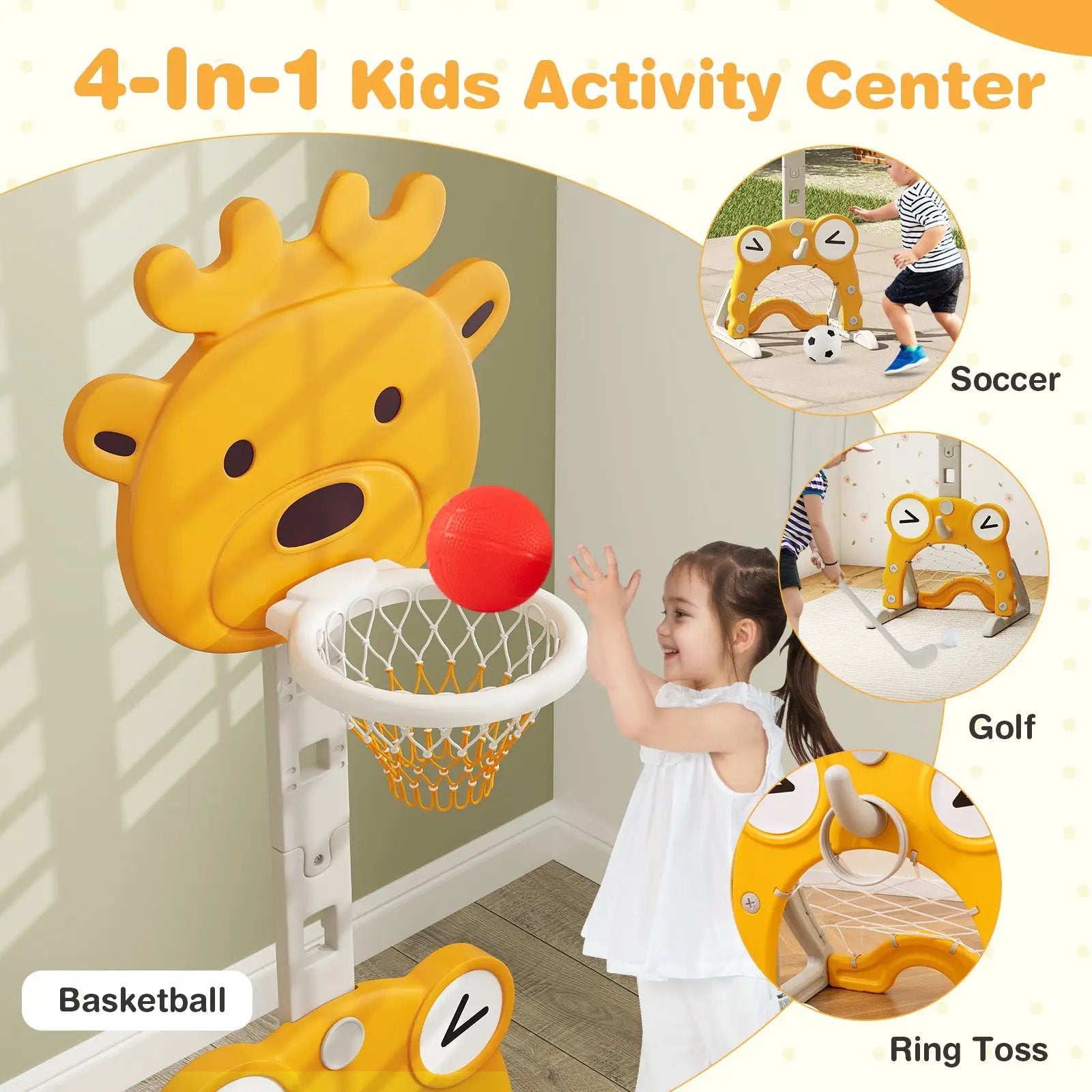 4-in-1 Toddler Height Adjustable Basketball Hoop with Ring Toss for 3+ Kids by DirectDeals