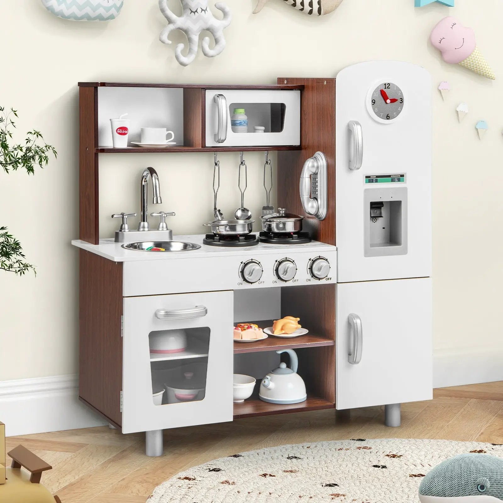 Kids Kitchen Playset with Realistic Sounds and Lights-Brown & White by DirectDeals