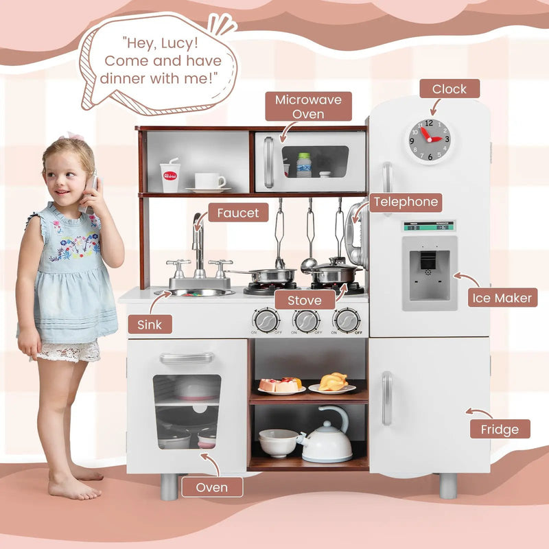 Kids Kitchen Playset with Realistic Sounds and Lights-Brown & White by DirectDeals