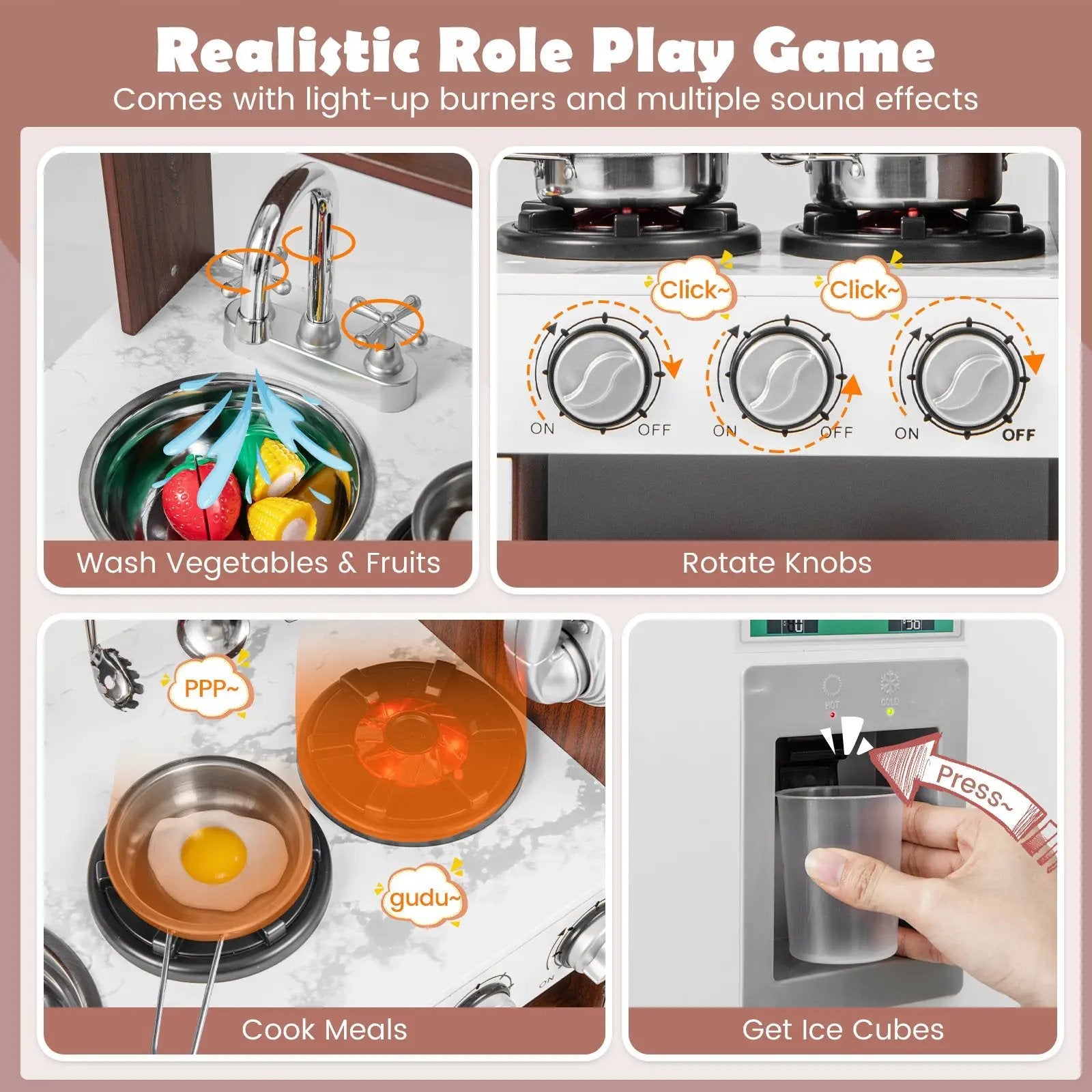 Kids Kitchen Playset with Realistic Sounds and Lights-Brown & White by DirectDeals
