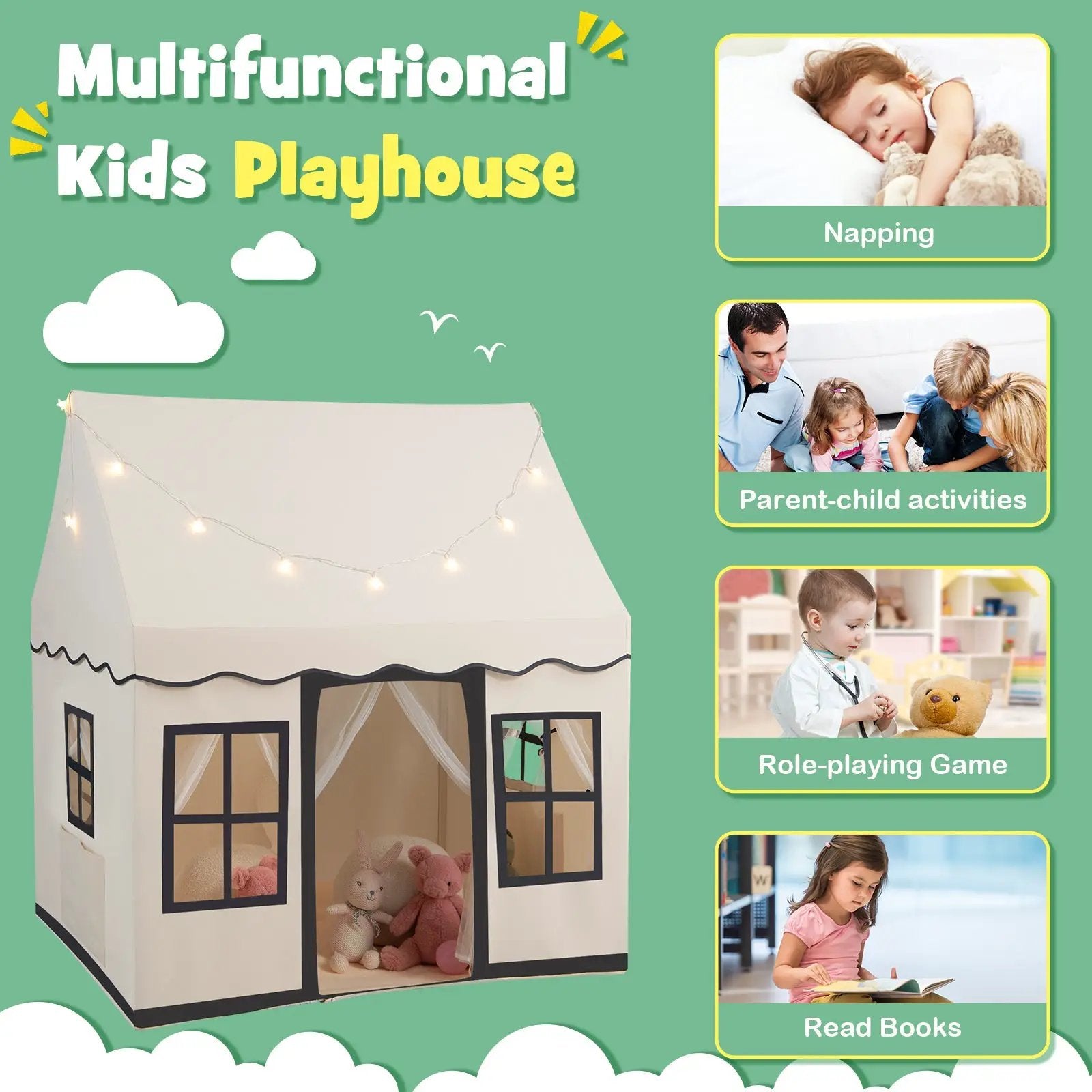 Toddler Large Playhouse with Star String Lights by DirectDeals
