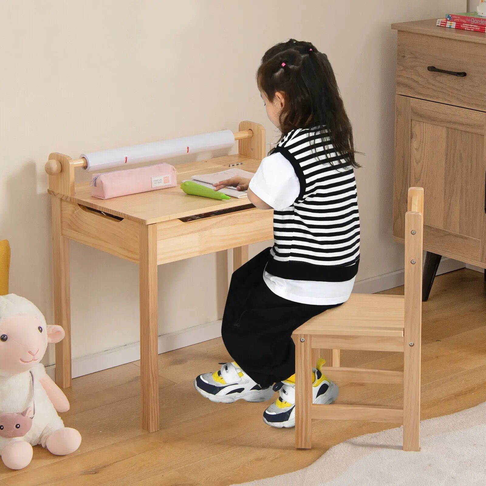 Toddler Multifunctional Activity Table and Chair Set with Paper Roll Holder-Natural by DirectDeals