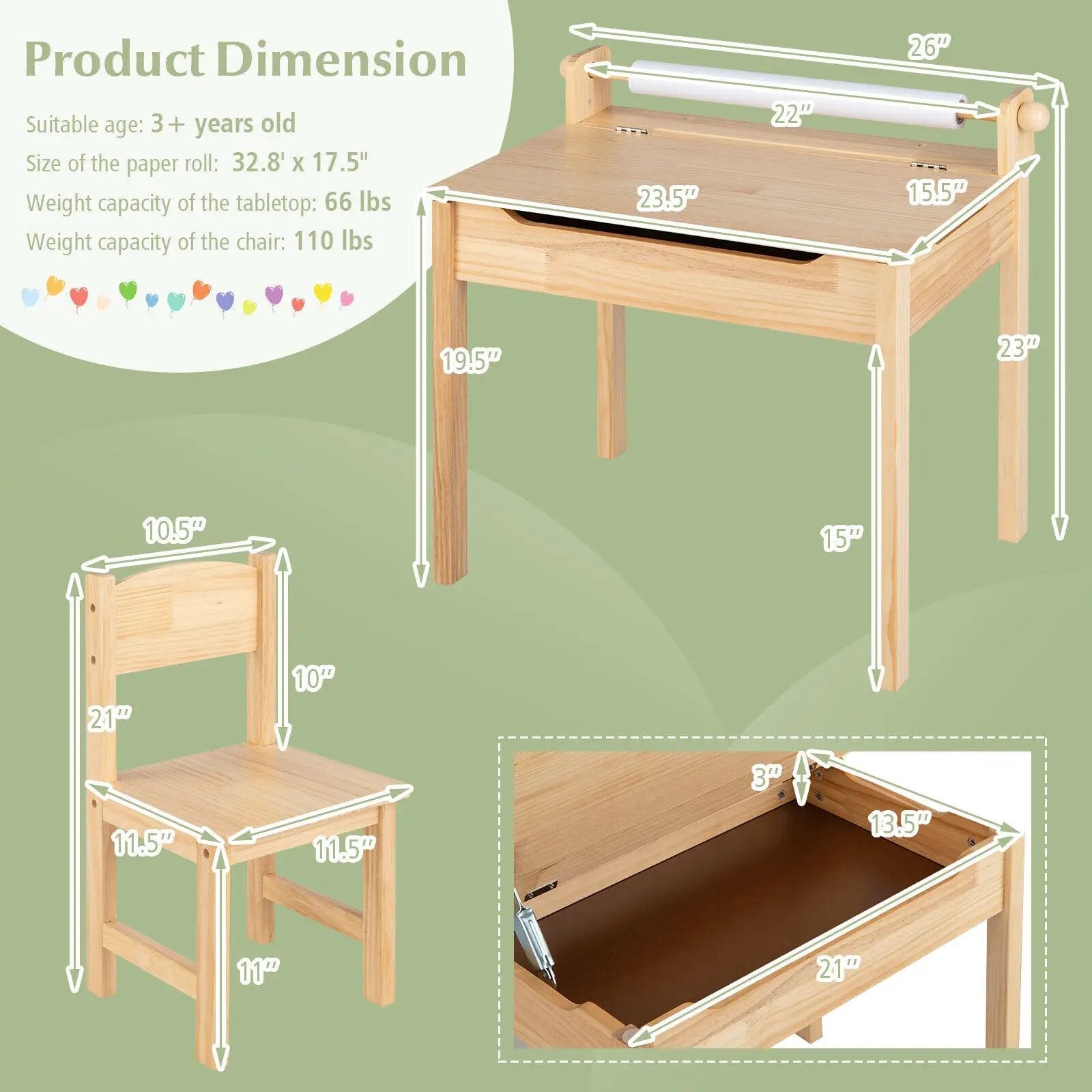 Toddler Multifunctional Activity Table and Chair Set with Paper Roll Holder-Natural by DirectDeals