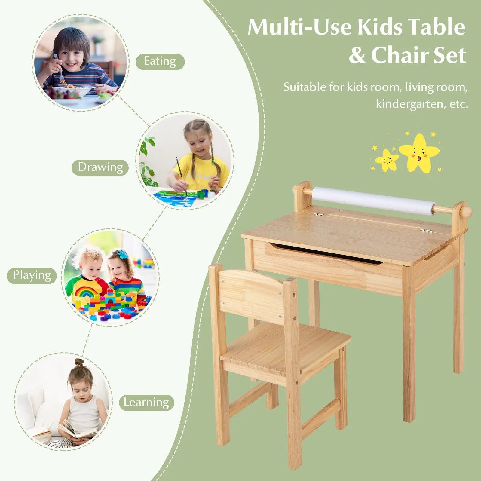 Toddler Multifunctional Activity Table and Chair Set with Paper Roll Holder-Natural by DirectDeals